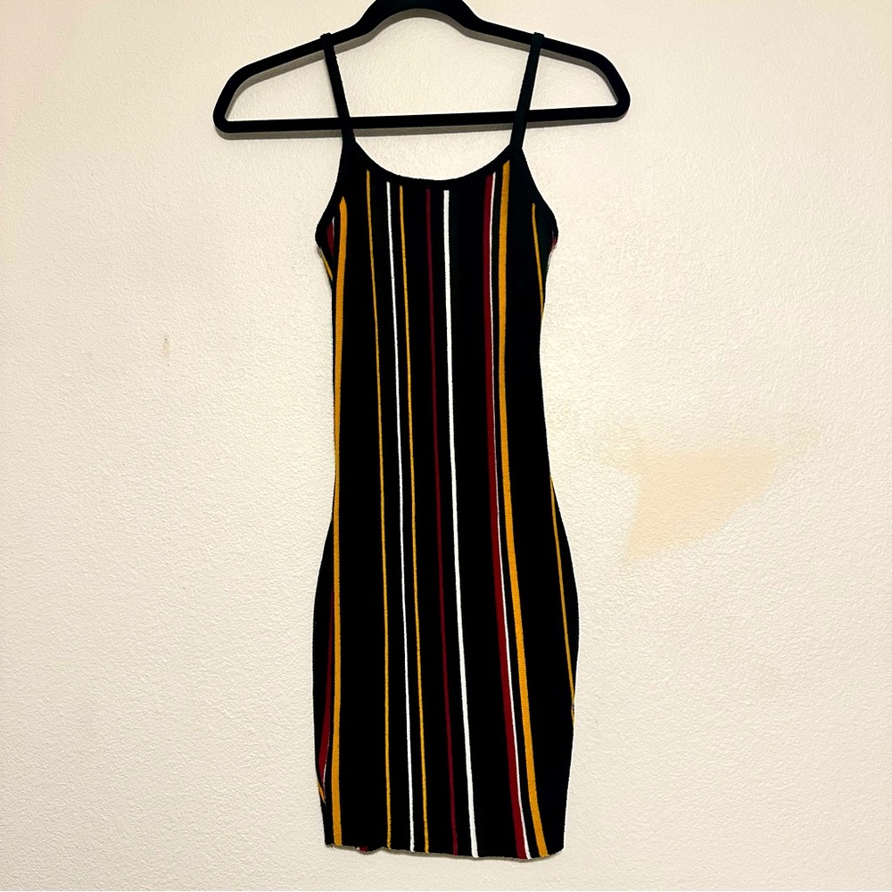 LuvLiz Bodycon Spaghetti Strap Black Dress with Rasta Stripes